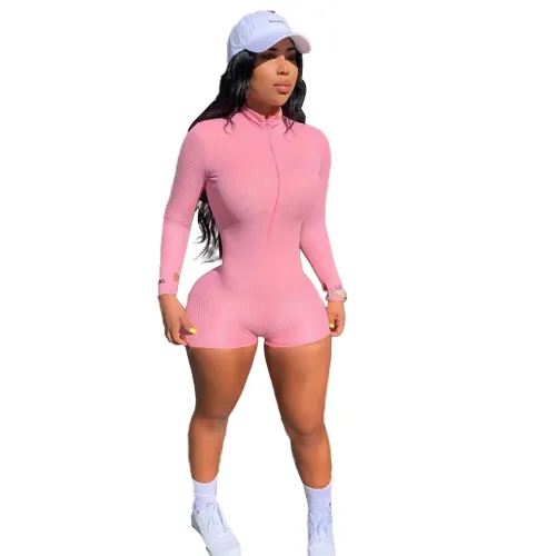 Pink Color Embroidered Letter Print Streetwear Stretch Ribbed Slim Bodysuit PQ5015C