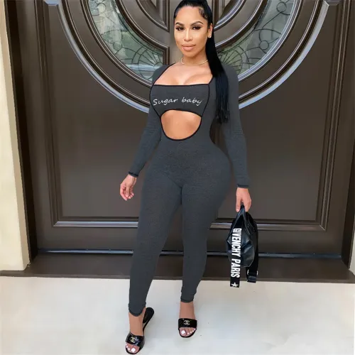 Dark Grey Color Women's Fashion Sexy Streetwear Jogging Sports Jumpsuit PQ5014D