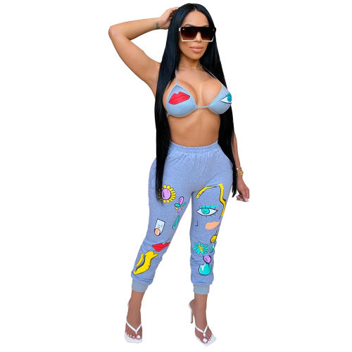 Blue Color Candy Eyes Embroidered Pants With Bikini Tops PQ6112B
