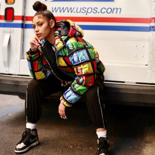 Colorful Dyeing Hooded Down Jackets Dollar Bill Printing Quilted Jacket PQ4553B