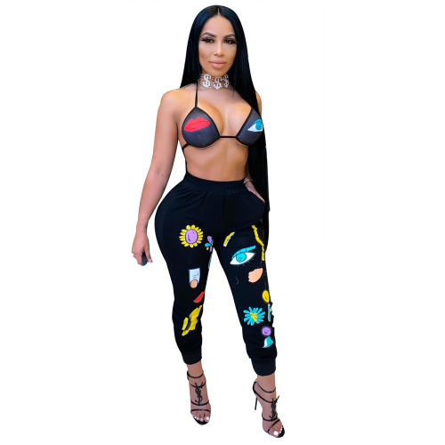 Black Color Candy Eyes Embroidered Pants With Bikini Tops PQ6112A