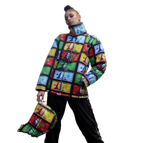Colorful Dyeing Hooded Down Jackets Dollar Bill Printing Quilted Jacket PQ4553B