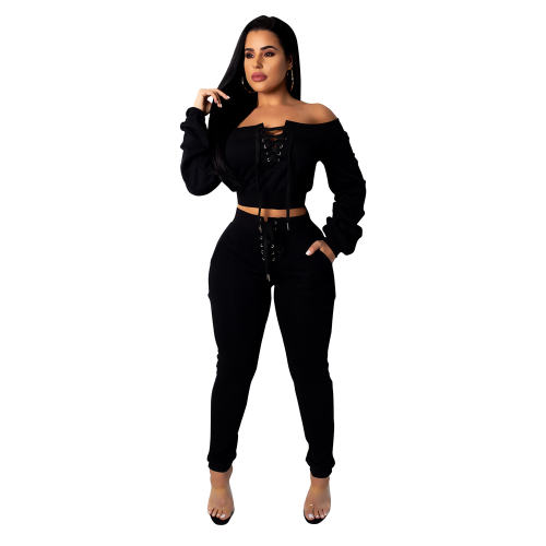 Black Color Fashion Sweater Off Shoulder Casual Two Piece Suits PQCM302B