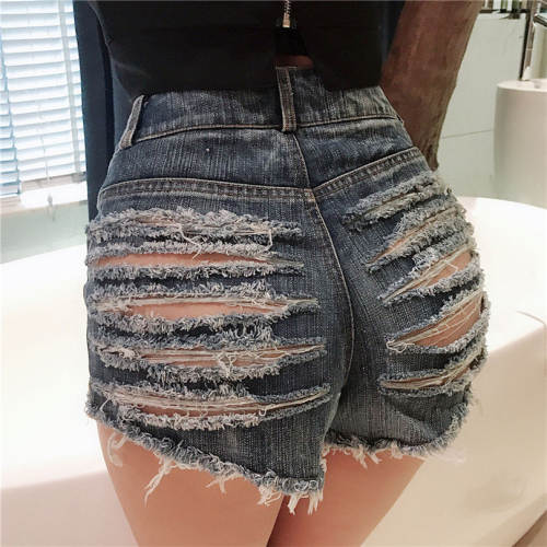 Black Denim Shorts Hot Pants Nightclub Sexy High Waist Ripped Holes Jeans PQMLY672B