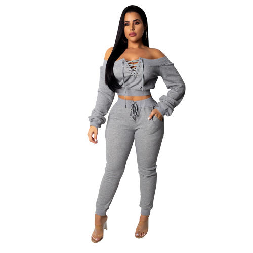 Grey Color Fashion Sweater Off Shoulder Casual Two Piece Suits PQCM302C