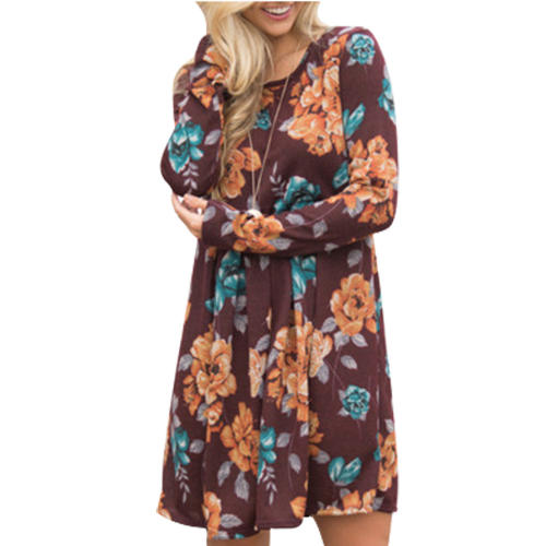 Brown Floral Printed Dress for Women Autumn Casual Dresses PQOM1088G