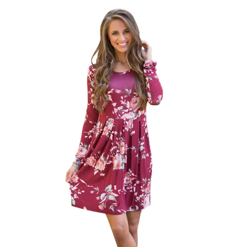 Wine Red Floral Printed Dress for Women Autumn Casual Dresses PQOM1088B