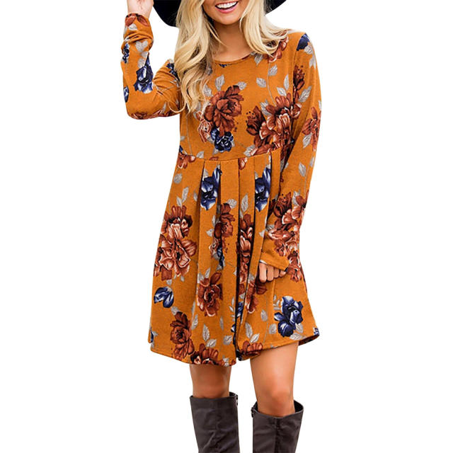 Orange Floral Printed Dress for Women Autumn Casual Dresses PQOM1088F