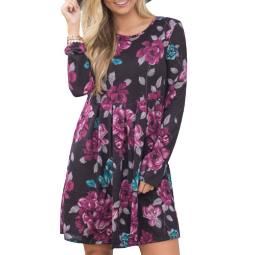 Purple Floral Printed Dress for Women Autumn Casual Dresses PQOM1088E