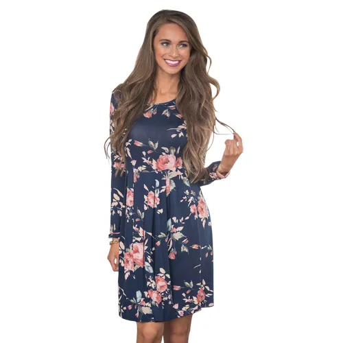 Dark Blue Floral Printed Dress for Women Autumn Casual Dresses PQOM1088D