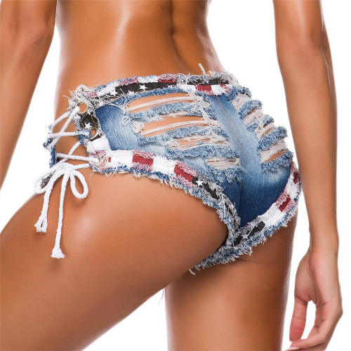 Lace-up Denim Shorts Sexy Women Jeans Hot Pants Low Waist Ripped Club Wear PQ857