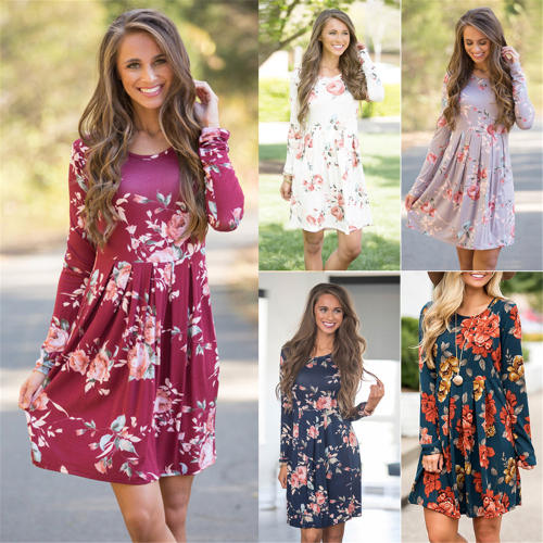 Wine Red Floral Printed Dress for Women Autumn Casual Dresses PQOM1088B