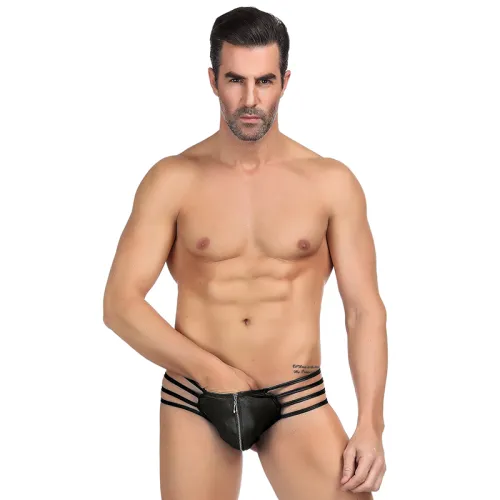 Black Color Mens Briefs Synthetic Leather Sexy Zipper Panties PQMP068A