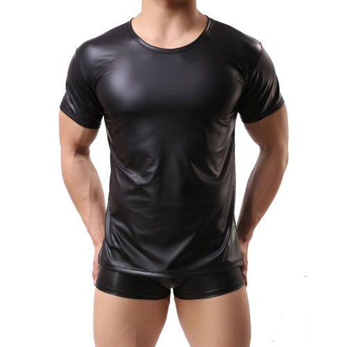 Men‘s Leather Underwear Short Sleeve T-shirt Undershirt Lingerie Top PQMP075