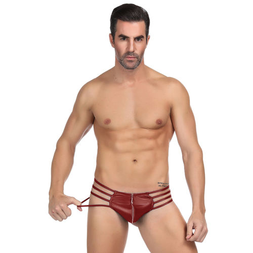 Red Color Mens Briefs Synthetic Leather Sexy Zipper Panties PQMP068C