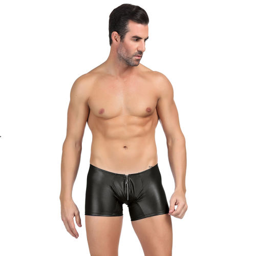 Black Color Faux Leather Slim Boxer Briefs Men's Sexy Shorts PQMP069A
