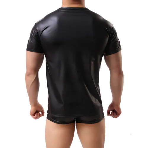 Men‘s Leather Underwear Short Sleeve T-shirt Undershirt Lingerie Top PQMP075