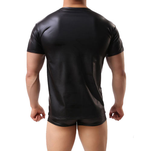 Men‘s Leather Underwear Short Sleeve T-shirt Undershirt Lingerie Top PQMP075