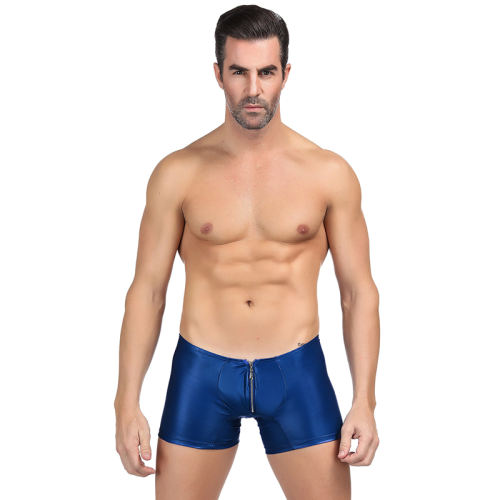 Blue Color Faux Leather Slim Boxer Briefs Men's Sexy Shorts PQMP069B