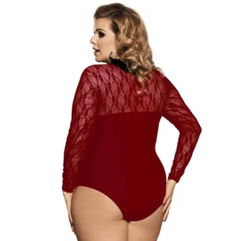 Red Color Plus Size Lace Bodysuits Obstructed Teddy With Long Sleeve PQ80372B
