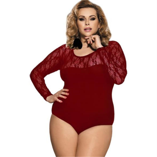 Red Color Plus Size Lace Bodysuits Obstructed Teddy With Long Sleeve PQ80372B