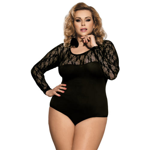 Black Color Plus Size Lace Bodysuits Obstructed Teddy With Long Sleeve PQ80372A