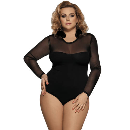 Black Lace Bodysuit Plus Size Long Sleeve Teddy With Yarn PQ80373