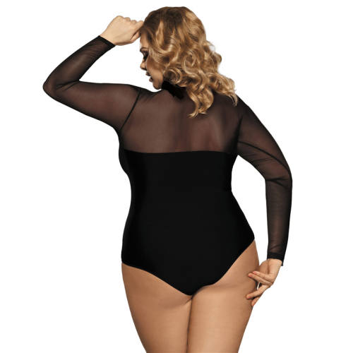 Black Lace Bodysuit Plus Size Long Sleeve Teddy With Yarn PQ80373