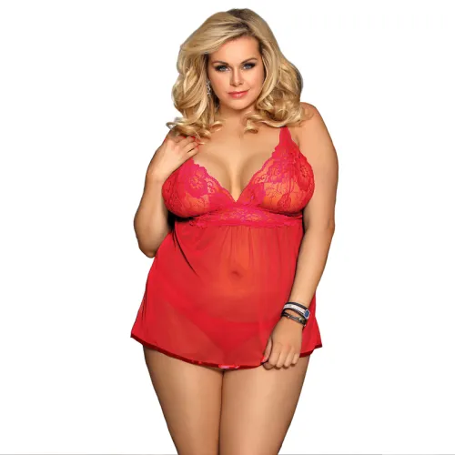 Red Plus Size Lace Sleepwear Backless Fly-away Lingerie PQ80641B