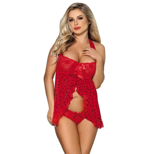 Red Color Sleepwear Bewitching Lace Babydoll with Thong PQ80538