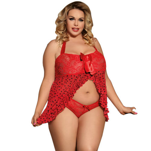 Red Plus Size Bewitching Lace Babydoll with Thong PQ80538