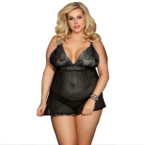 Black Plus Size Lace Sleepwear Backless Fly-away Lingerie PQ80641A