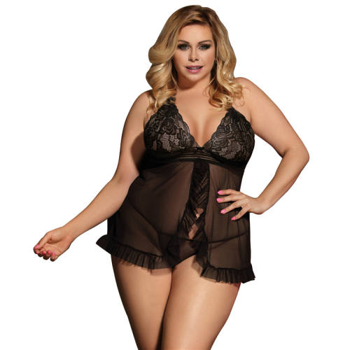 Black Big Size Sheer Stretch Lace and Net Open Back Babydoll Lingerie PQ80526A