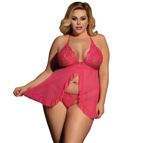 Pink Big Size Sheer Stretch Lace and Net Open Back Babydoll Lingerie PQ80526B