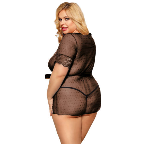 Black Plus Size Mesh Sheer Lace Robe Sexy Nasty Lingerie For Women PQ80777A
