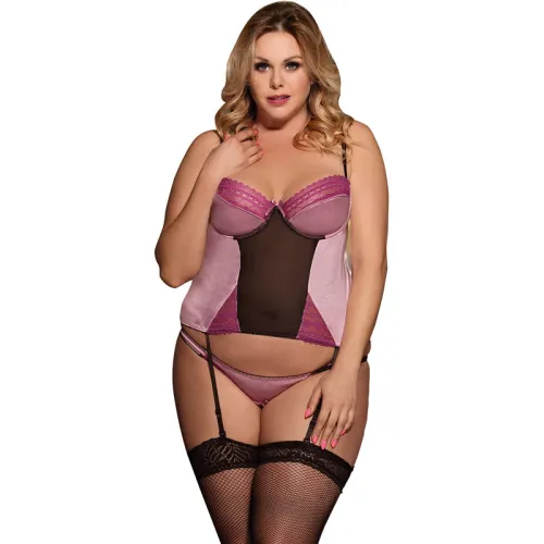 Plus Size Purplish Red Sleepwear Deluxe Satin Lace Bustier PQ80395
