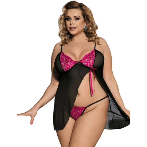 Plus Size Sleepwear Furcate Babydoll With Rose G-String PQ80355