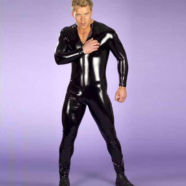 Men Black PVC Jumpsuit Faux Leather Night Club Catsuit PQYL007B