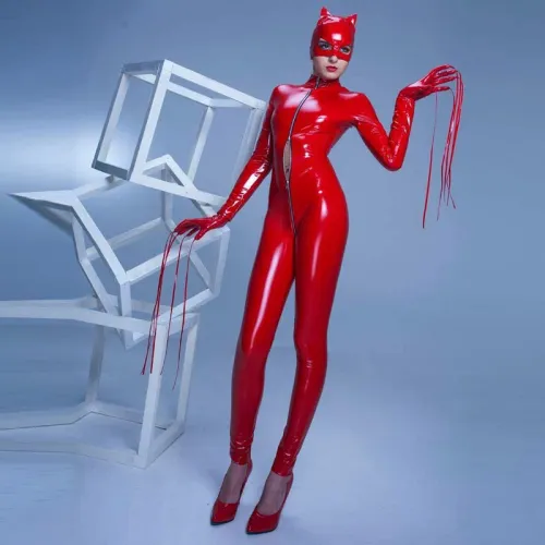 Red Fashion Leather Jumpsuit With Hat and Glove Club Catsuit PQYL010B