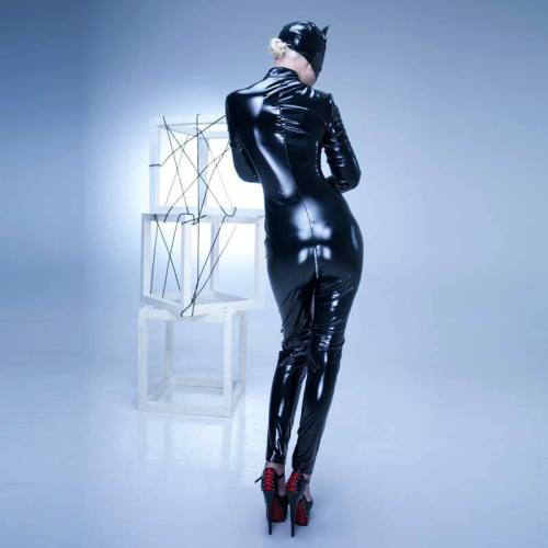 Black Fashion Leather Jumpsuit With Hat and Glove Club Catsuit PQYL010A