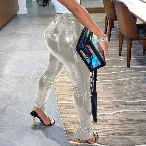 Silver High Waist Latex Pants Faux Leather Shiny Wet Look PU Sexy Trousers PQXM6117B