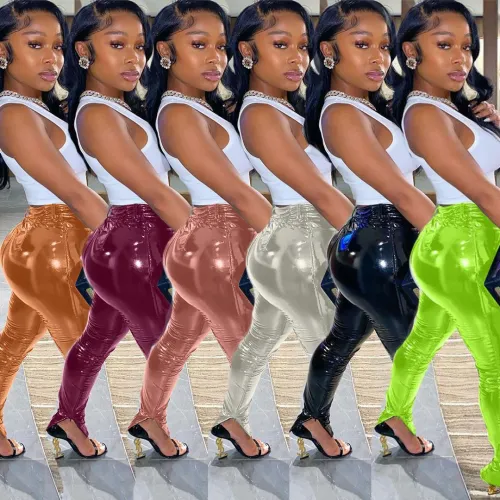Pink High Waist Latex Pants Faux Leather Shiny Wet Look PU Sexy Trousers PQXM6117D