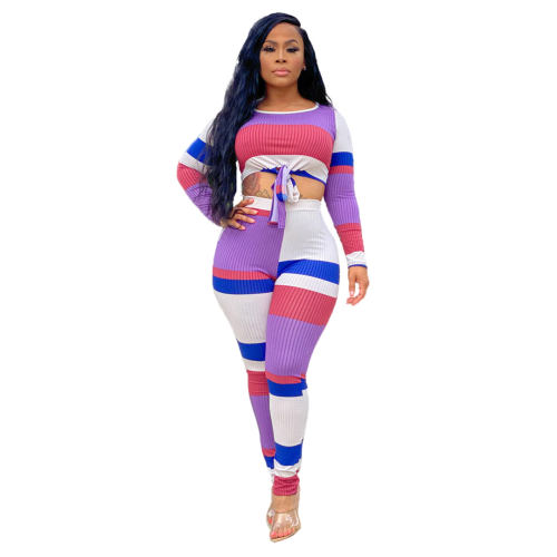 Women Long Sleeve Two Piece Pants Striped Print Tracksuit PQAJ4316