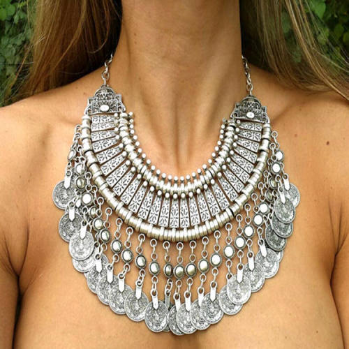 Vintage Carved Fashion Tassel Coin Necklace Short Clavicle Necklace PQN5163