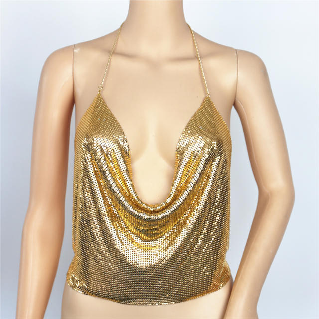 Golden Sexy Tube Top Metallic Sequin Camisole Necklace Halter Tops PQ60391A