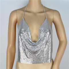 Golden Sexy Tube Top Metallic Sequin Camisole Necklace Halter Tops PQ60391A