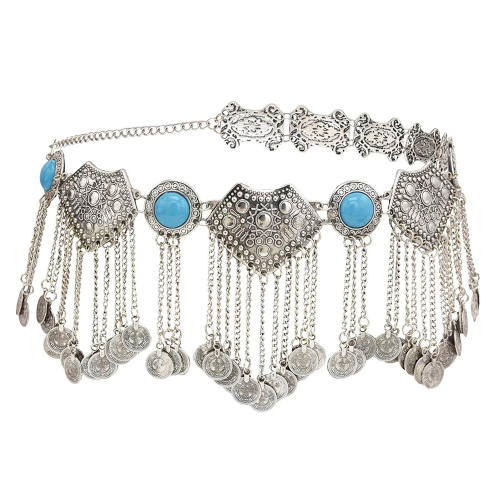 Vintage Blue Jewelry Metal Coin Belly Chain Tassel Long Waist Chain PQN5859A