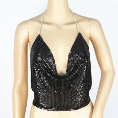 Golden Sexy Tube Top Metallic Sequin Camisole Necklace Halter Tops PQ60391A