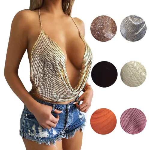 Golden Sexy Tube Top Metallic Sequin Camisole Necklace Halter Tops PQ60391A
