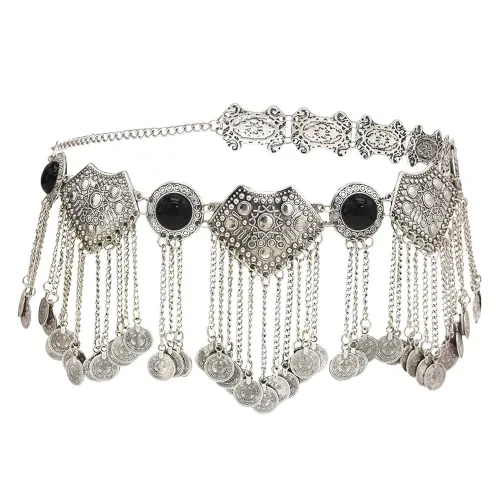 Vintage Black Jewelry Metal Coin Belly Chain Tassel Long Waist Chain PQN5859B